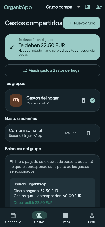 Resumen de gastos compartidos en modo oscuro